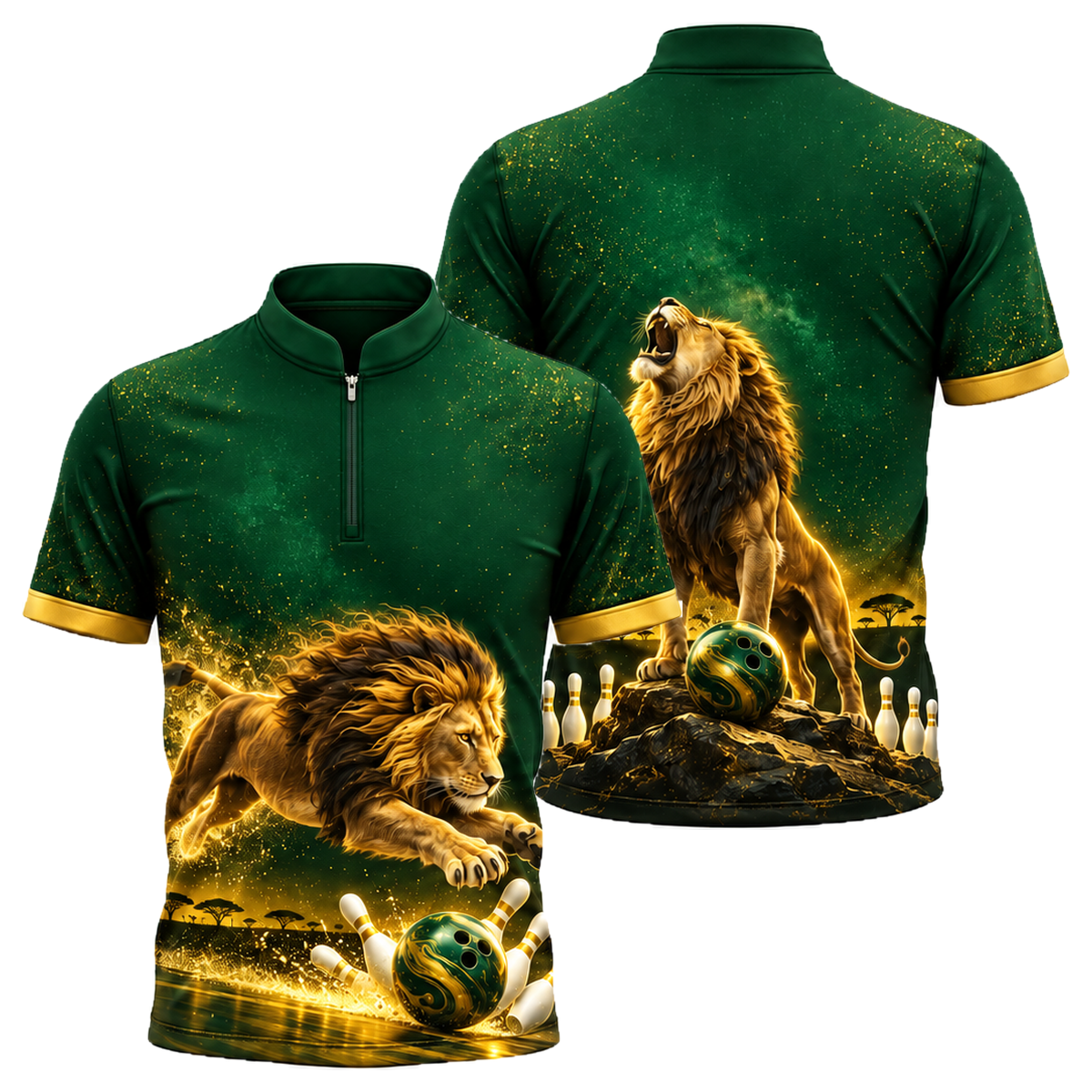 Midnight Lion Pounce Bowling Jersey in Green & Gold