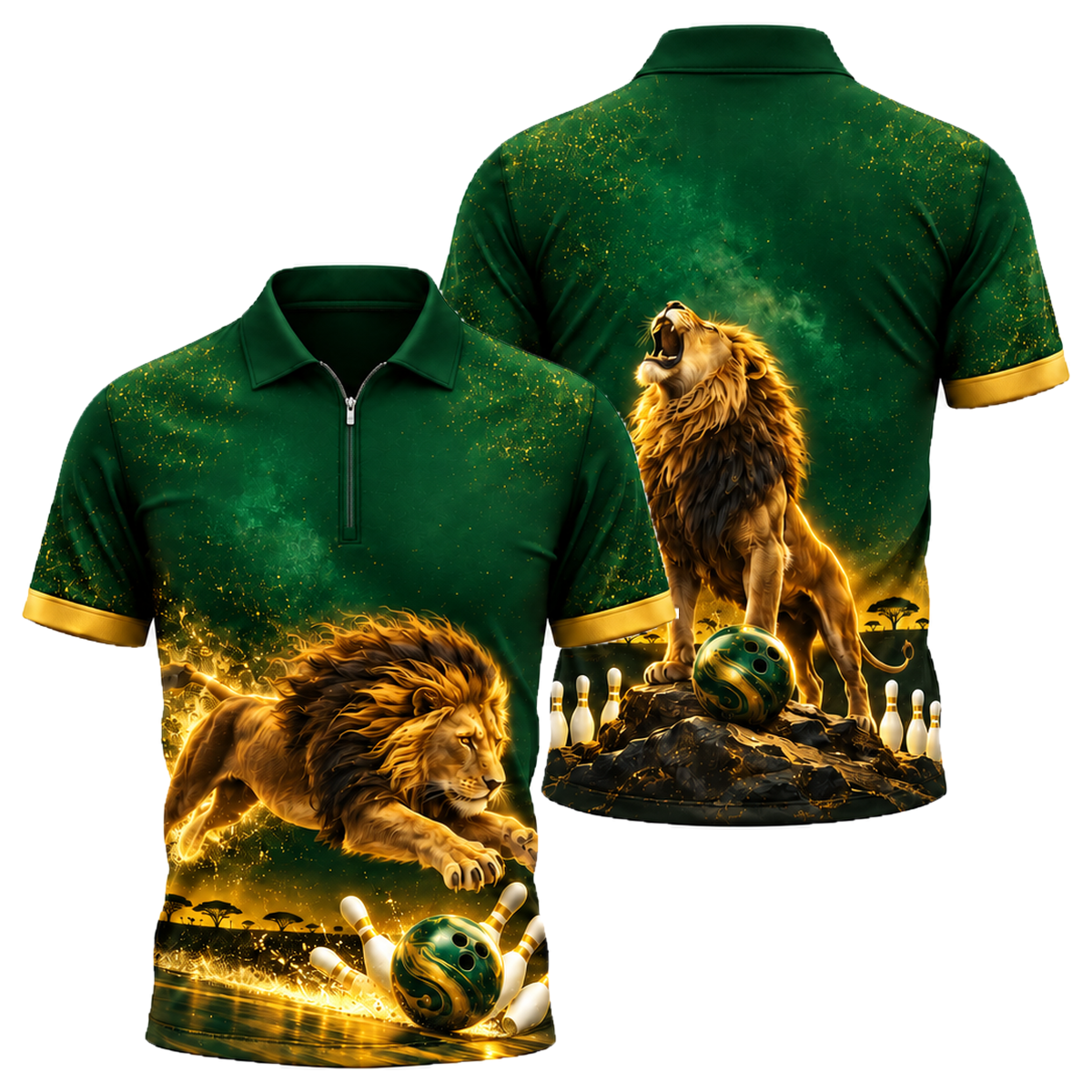 Midnight Lion Pounce Quarter-Zip Polo in Green & Gold