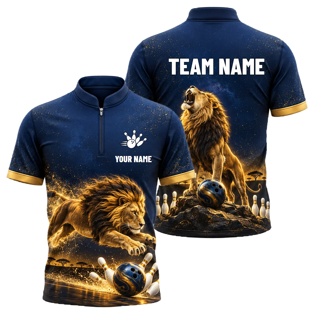 Midnight Lion Pounce custom bowling shirt personalized with name and team name