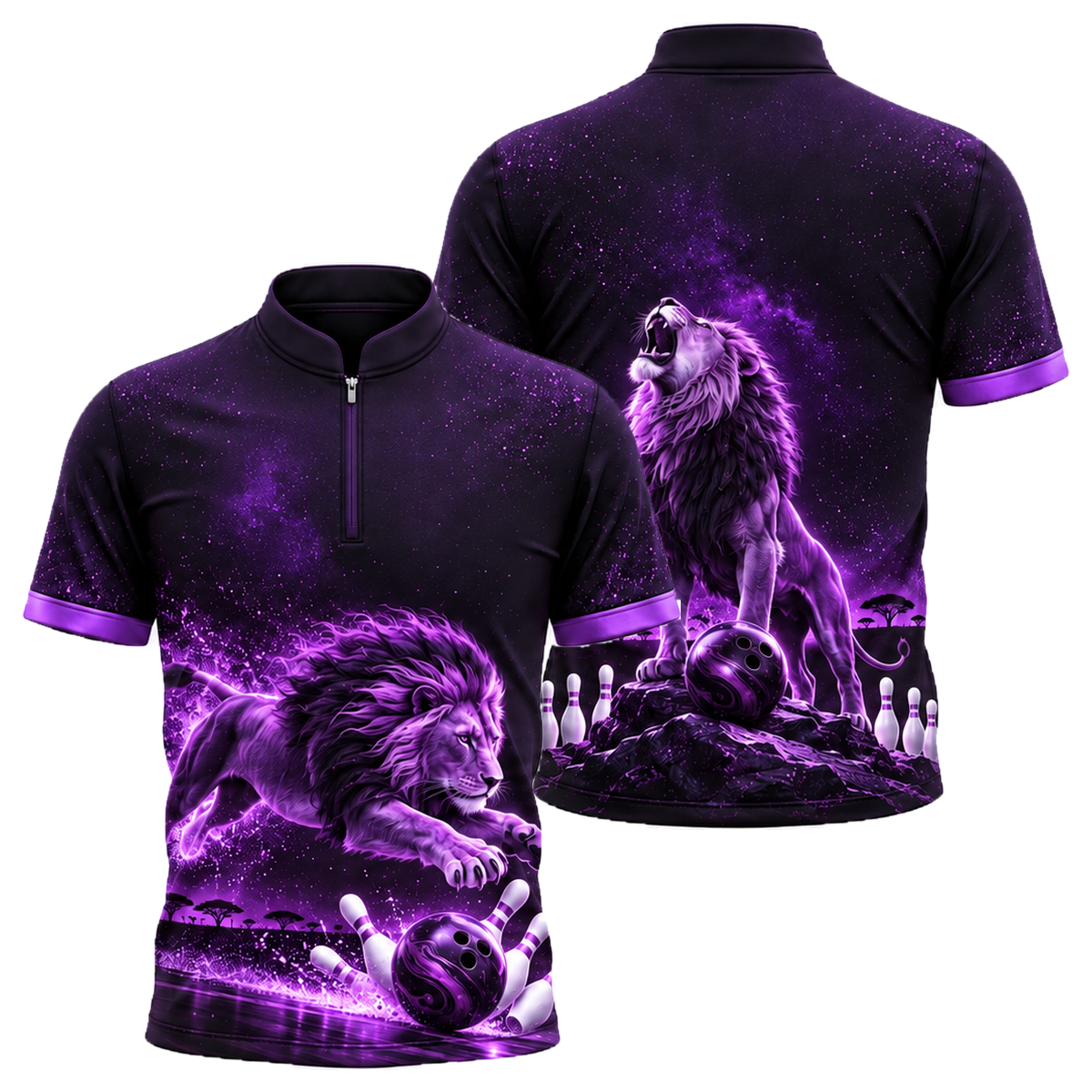 Midnight Lion Pounce Bowling Jersey in Purple & Black