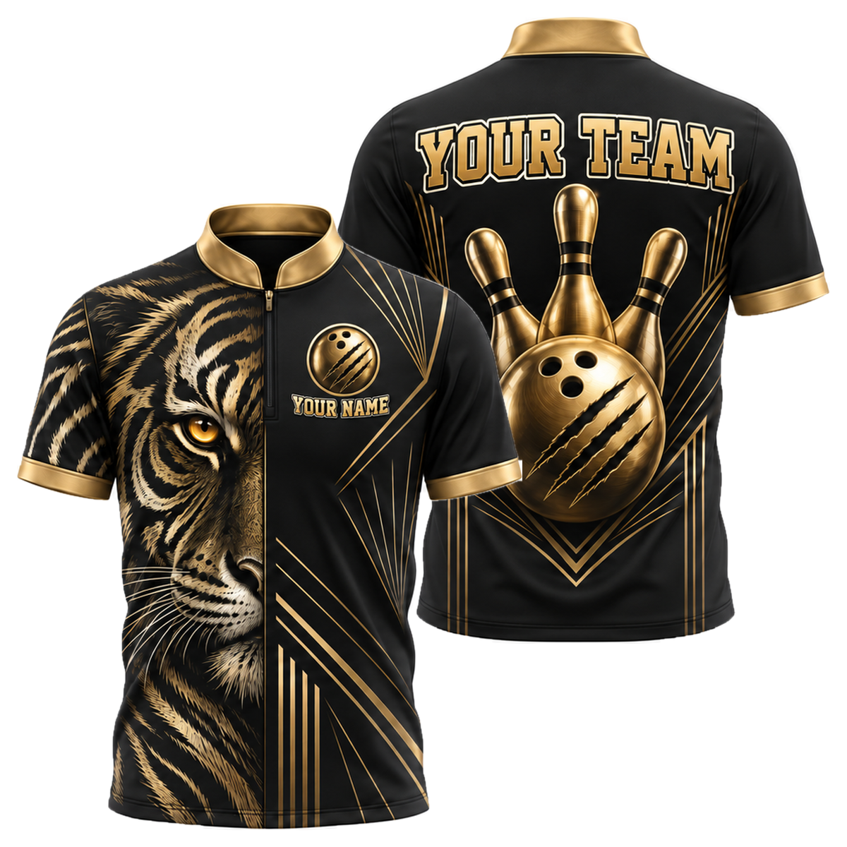 Gold Tiger Pro custom bowling shirt personalized with name and team name