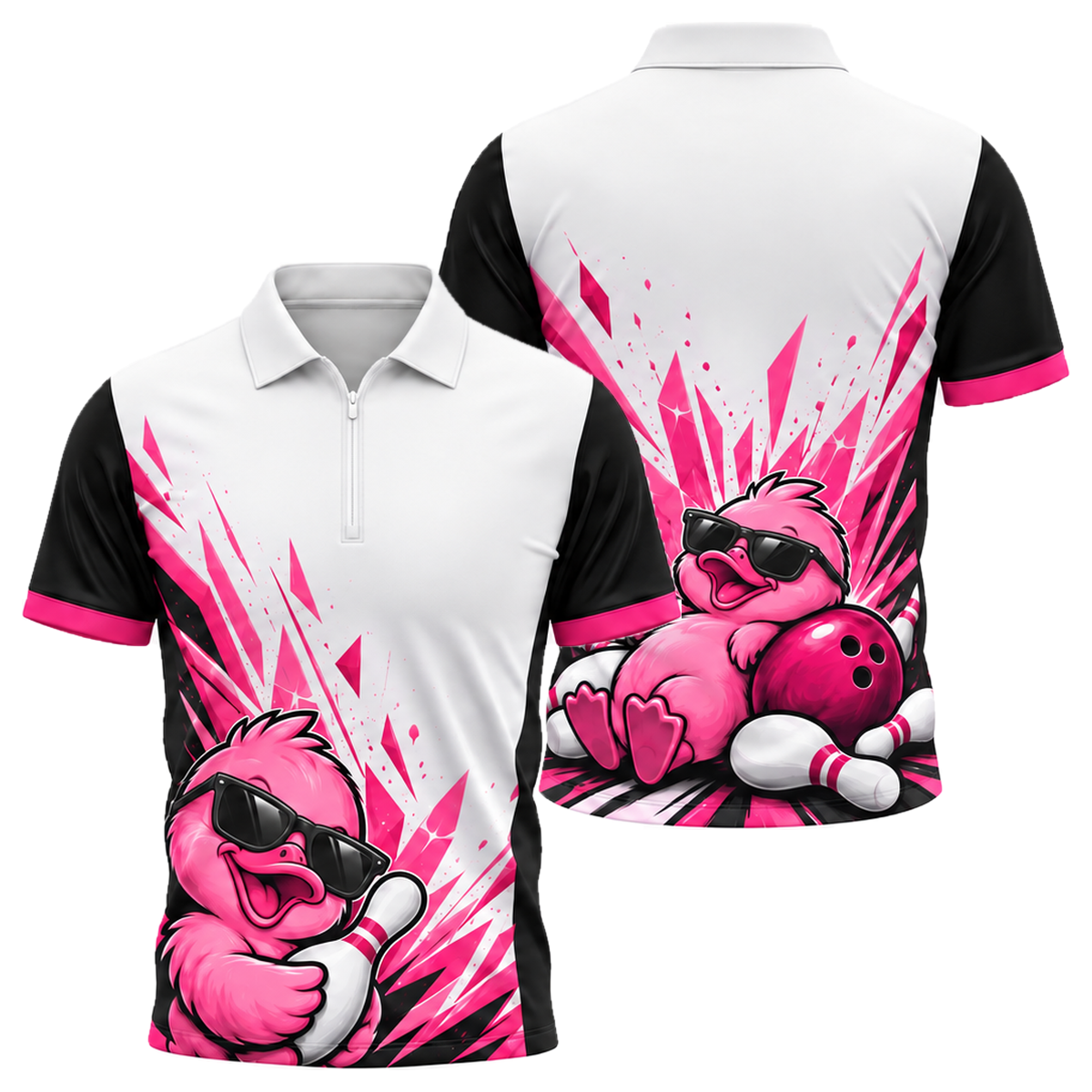 Cool Duck Strike Quarter-Zip Polo in Pink & Black