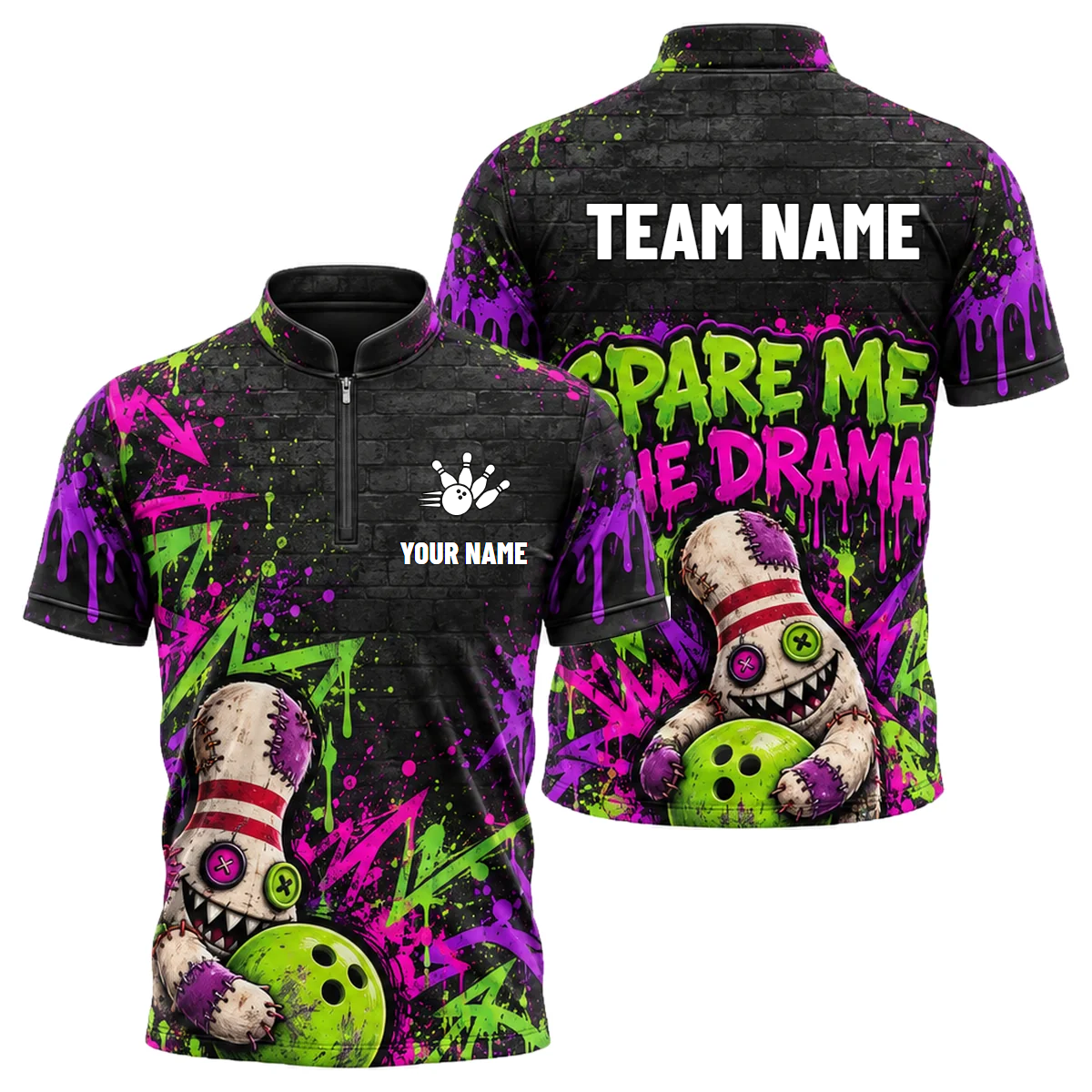 Stitched Pin Menace custom bowling shirt personalized with name and team name