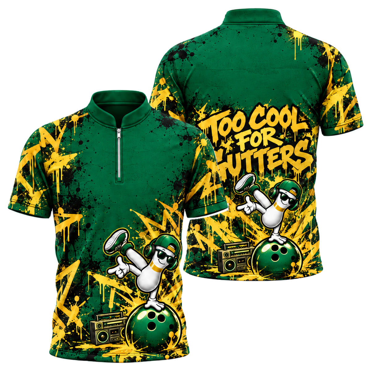 Headphone Pin Groove Bowling Jersey in Green & Gold