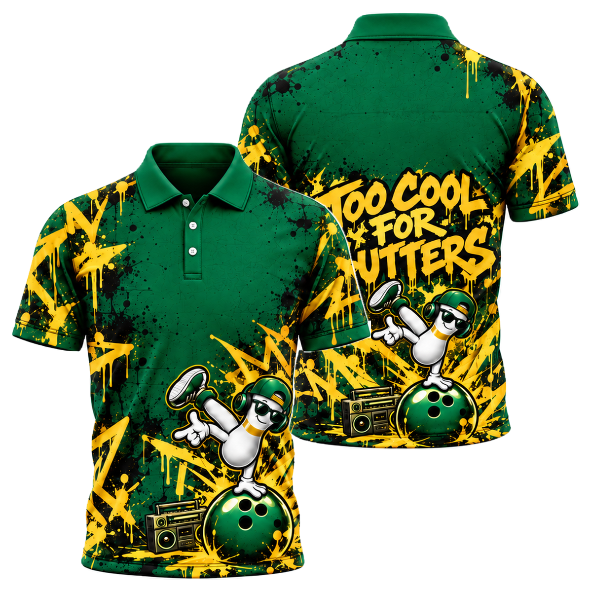 Headphone Pin Groove Unisex Polo in Green & Gold