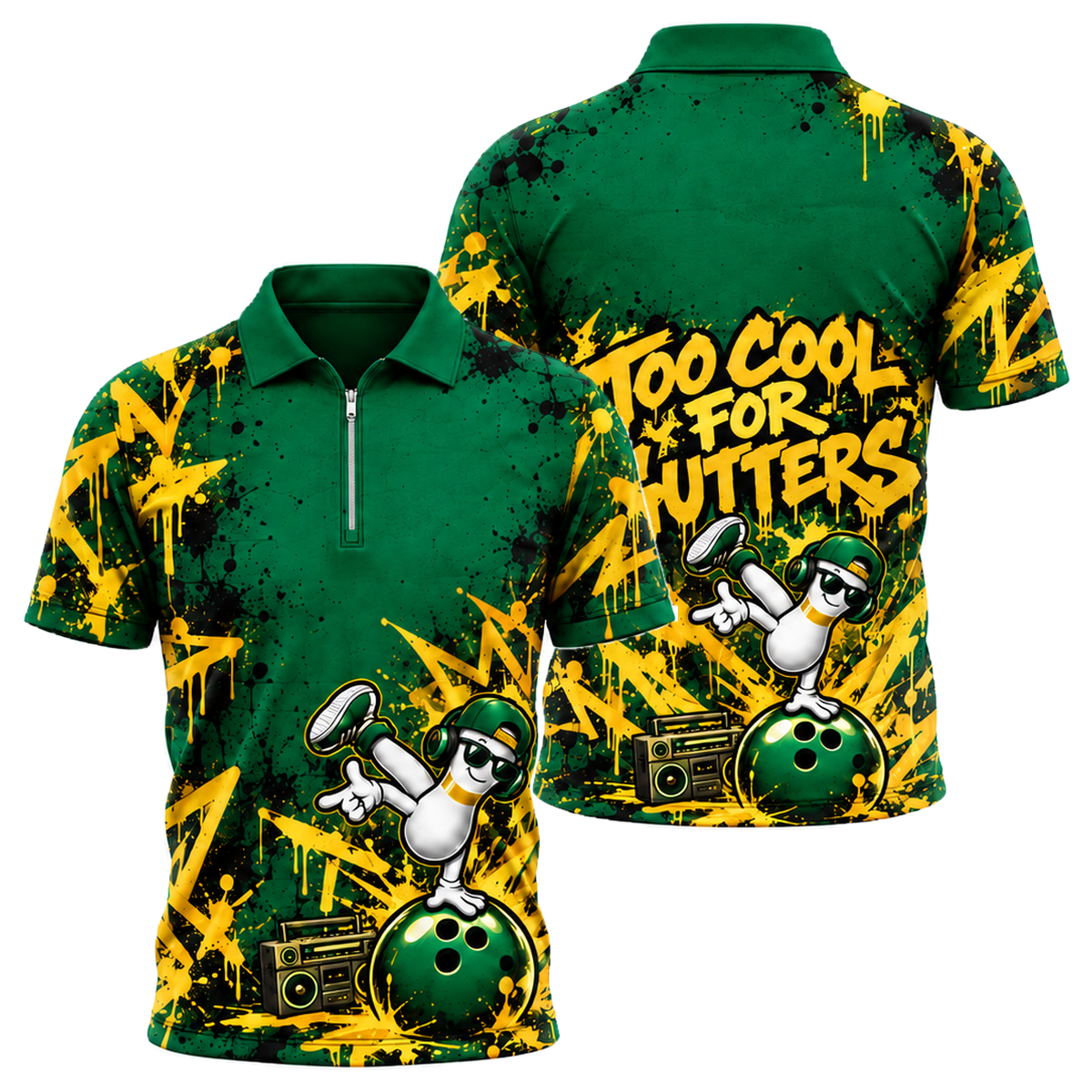 Headphone Pin Groove Quarter-Zip Polo in Green & Gold