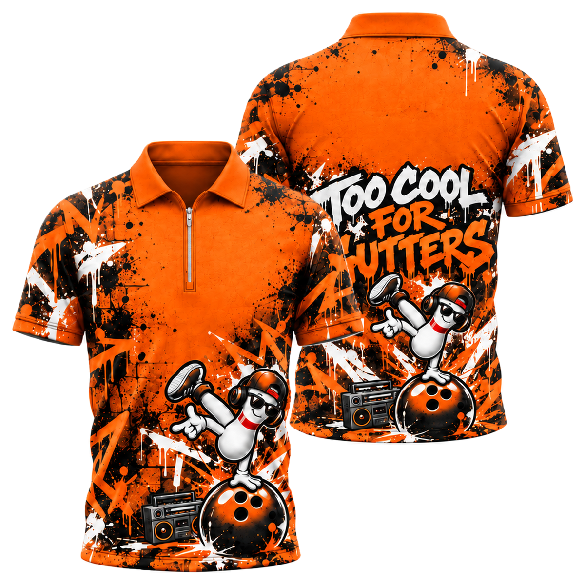 Headphone Pin Groove Quarter-Zip Polo in Orange & Black