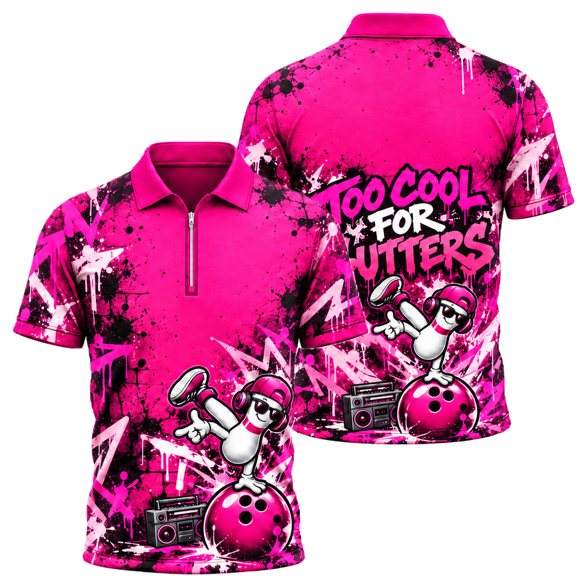 Headphone Pin Groove Quarter-Zip Polo in Pink & Black
