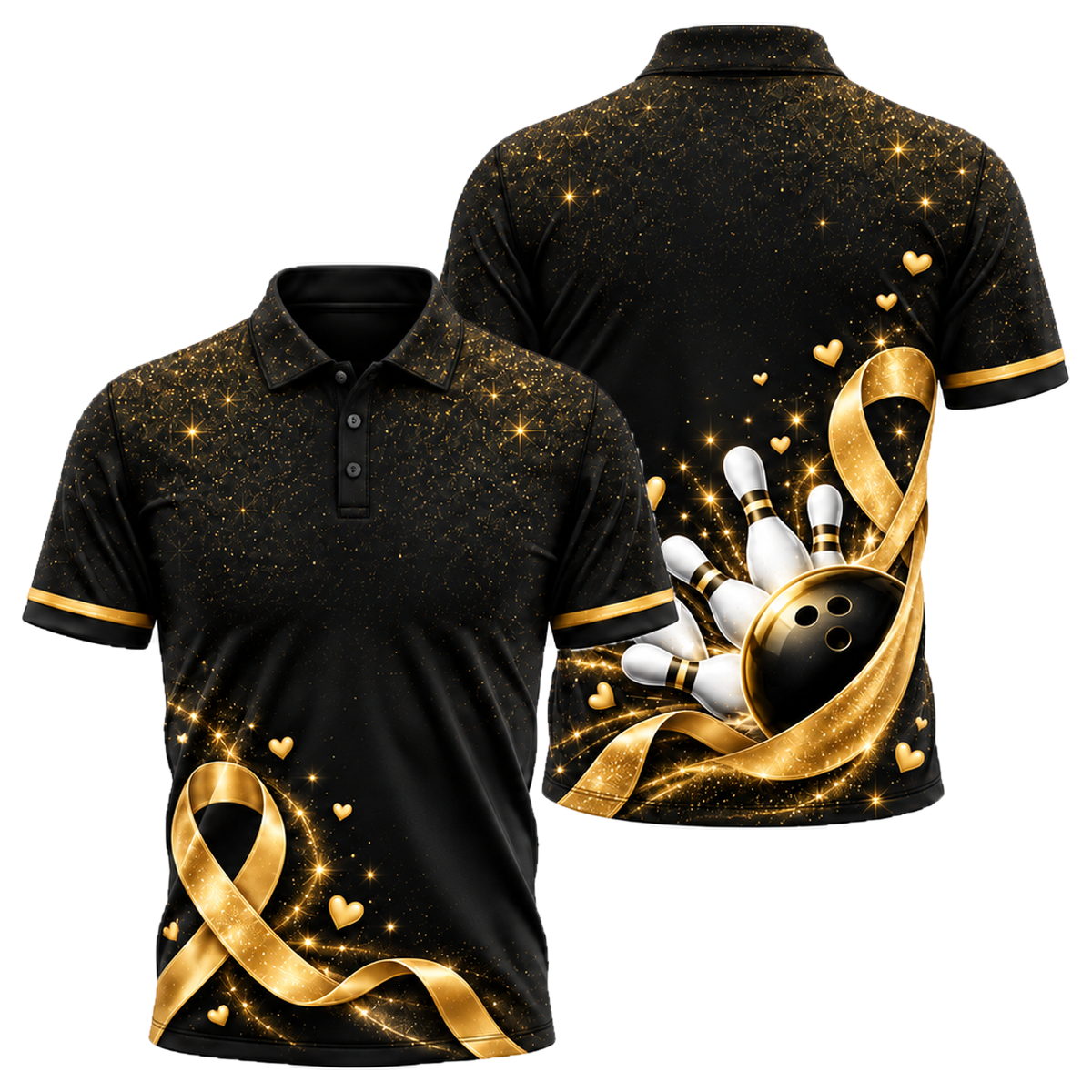 Pink Ribbon Sparkle Unisex Polo in Black & Gold