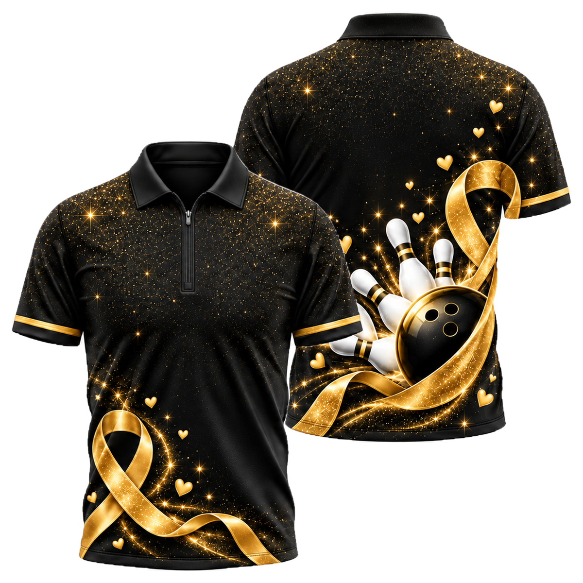 Pink Ribbon Sparkle Quarter-Zip Polo in Black & Gold