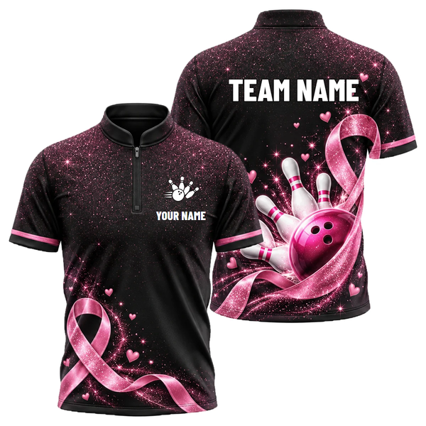 Pink Ribbon Sparkle custom bowling shirt personalized with name and team name