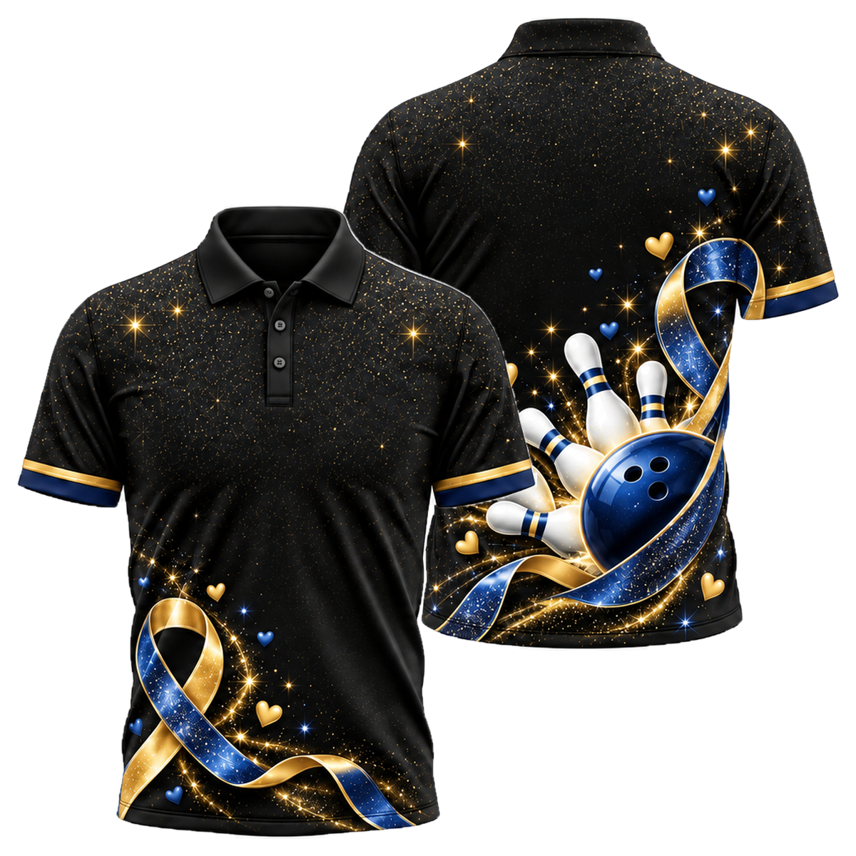 Pink Ribbon Sparkle Unisex Polo in Navy & Gold