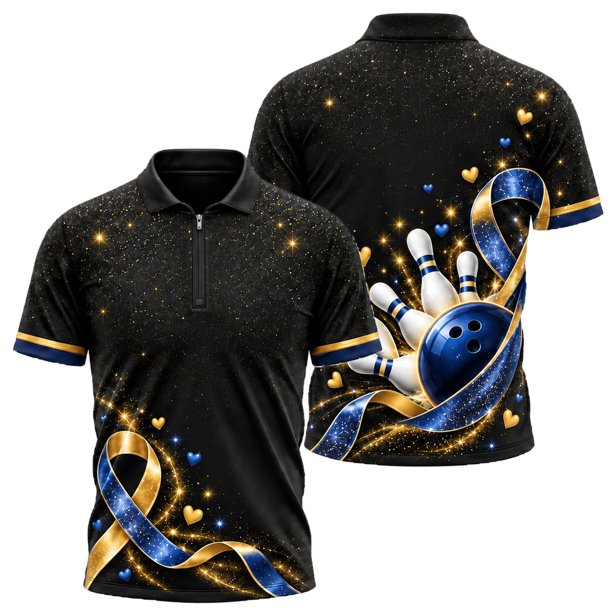 Pink Ribbon Sparkle Quarter-Zip Polo in Navy & Gold