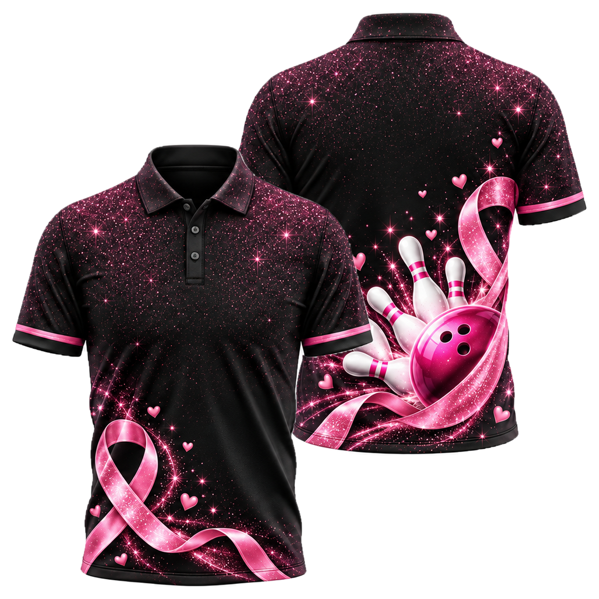 Pink Ribbon Sparkle Unisex Polo in Pink & Black