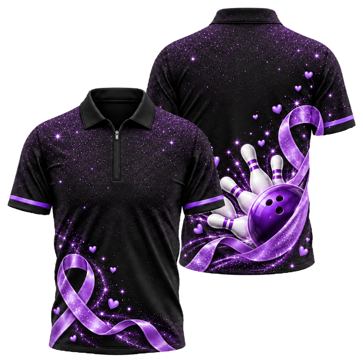 Pink Ribbon Sparkle Quarter-Zip Polo in Purple & Black