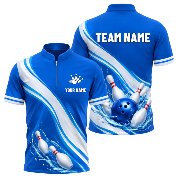Blue Wave Strike custom bowling shirt personalized with name and team name