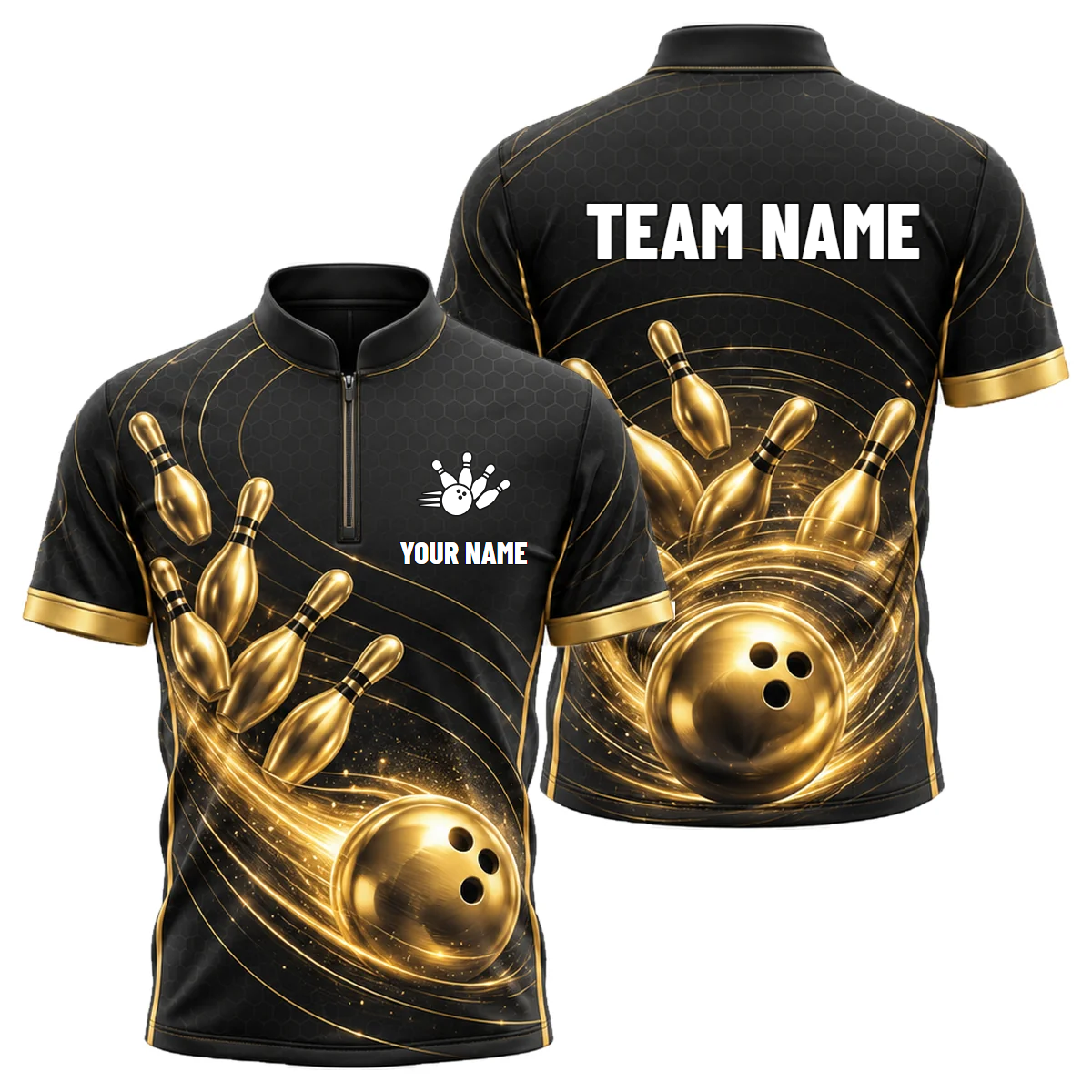 Golden Orbit Strike custom bowling shirt personalized with name and team name