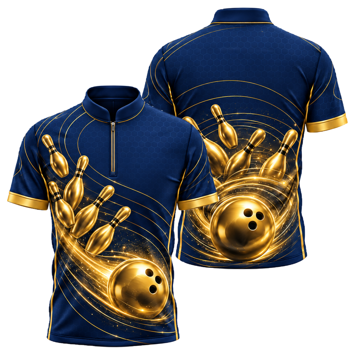 Golden Orbit Strike Bowling Jersey in Navy & Gold