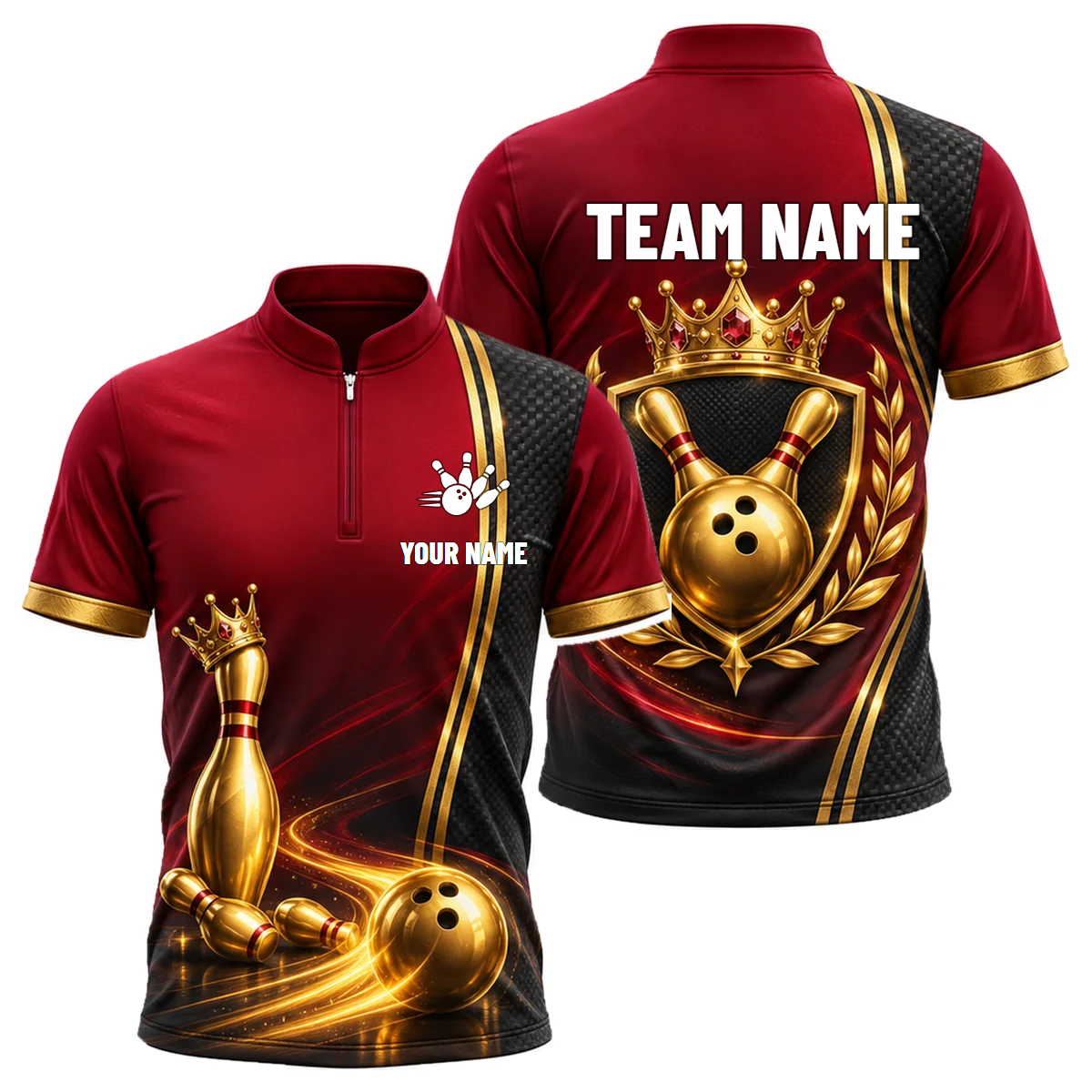 Burgundy Crown Rally custom bowling shirt personalized with name and team name