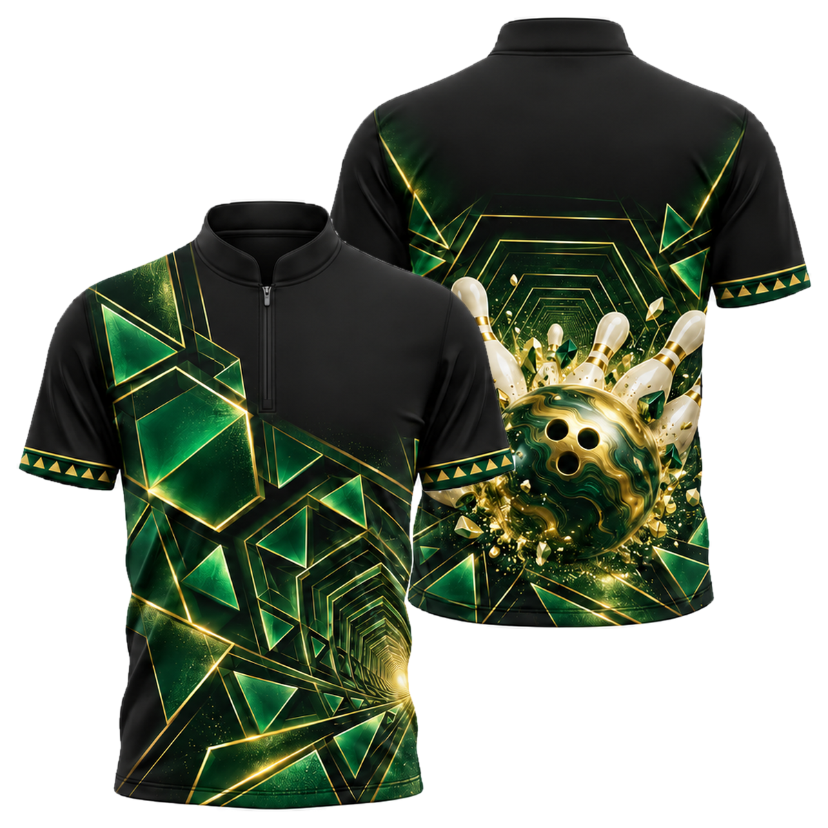 Gilded Vortex Strike Bowling Jersey in Green & Gold