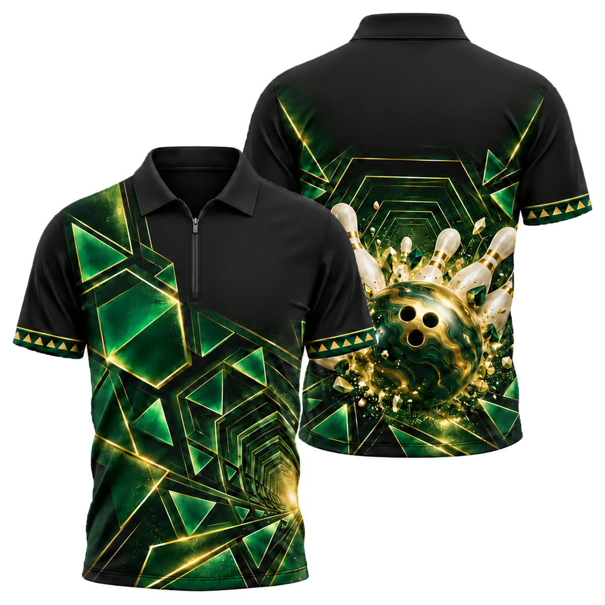 Gilded Vortex Strike Quarter-Zip Polo in Green & Gold