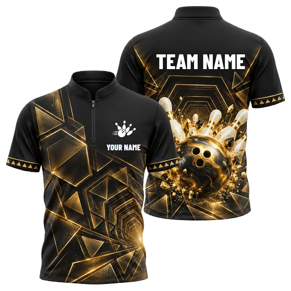 Gilded Vortex Strike custom bowling shirt personalized with name and team name