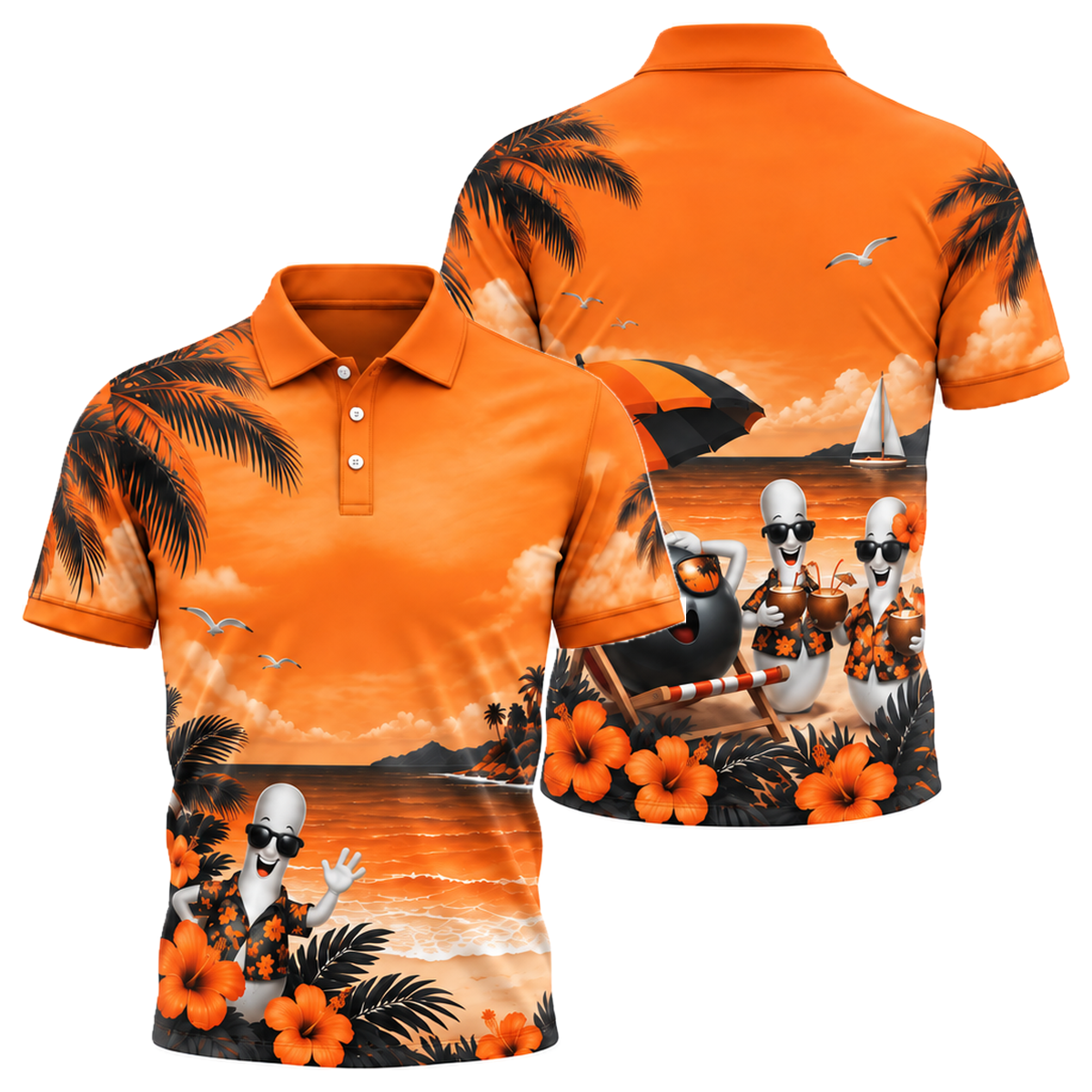 Aloha Strike Party Unisex Polo in Orange & Black