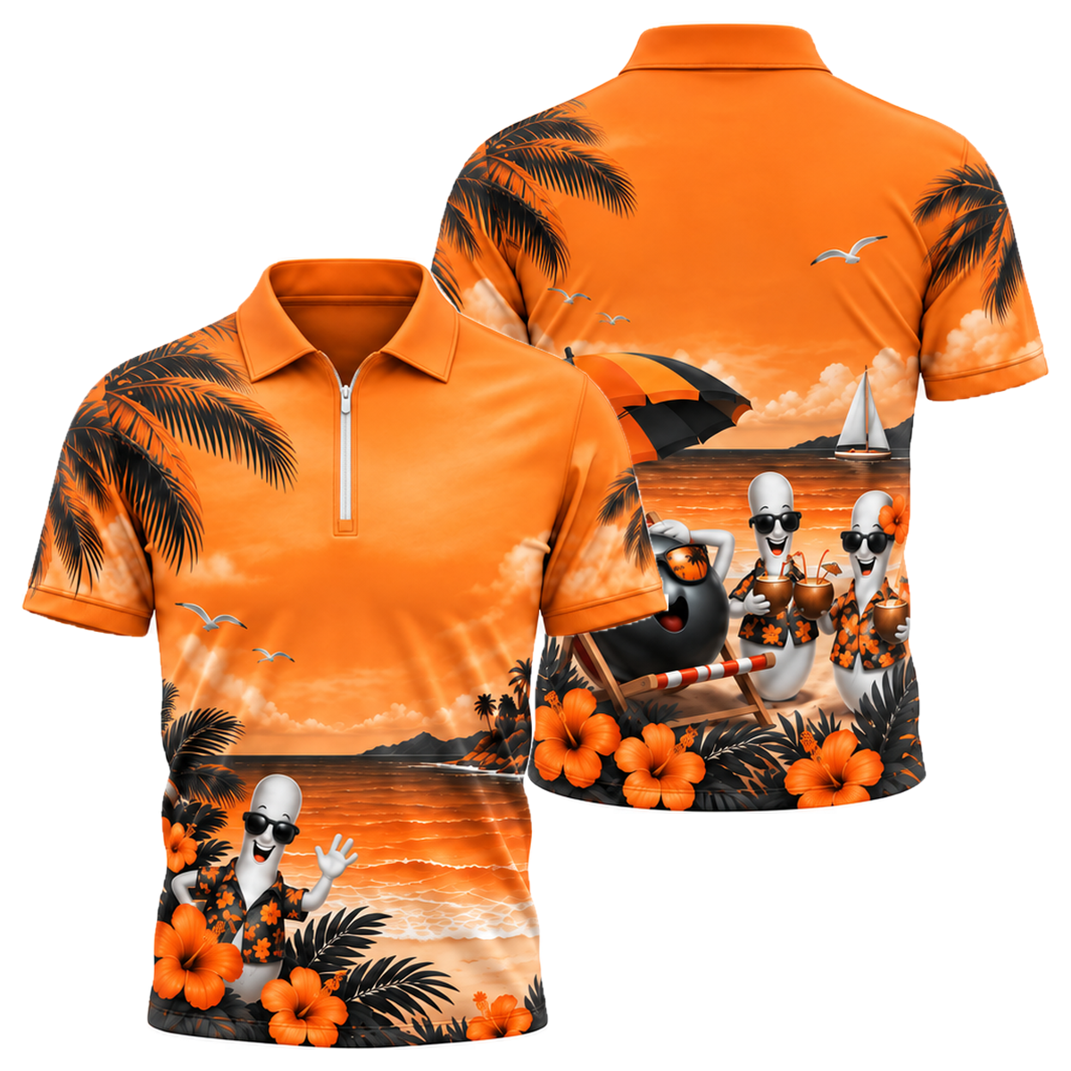 Aloha Strike Party Quarter-Zip Polo in Orange & Black