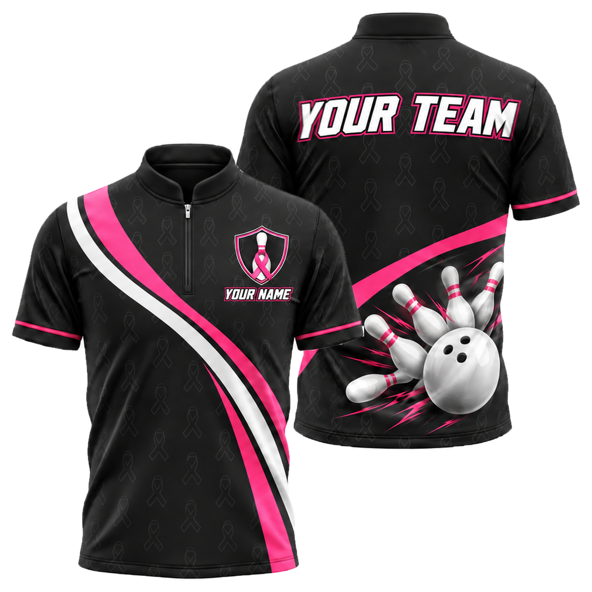 Pink Curve Strike custom bowling shirt personalized with name and team name