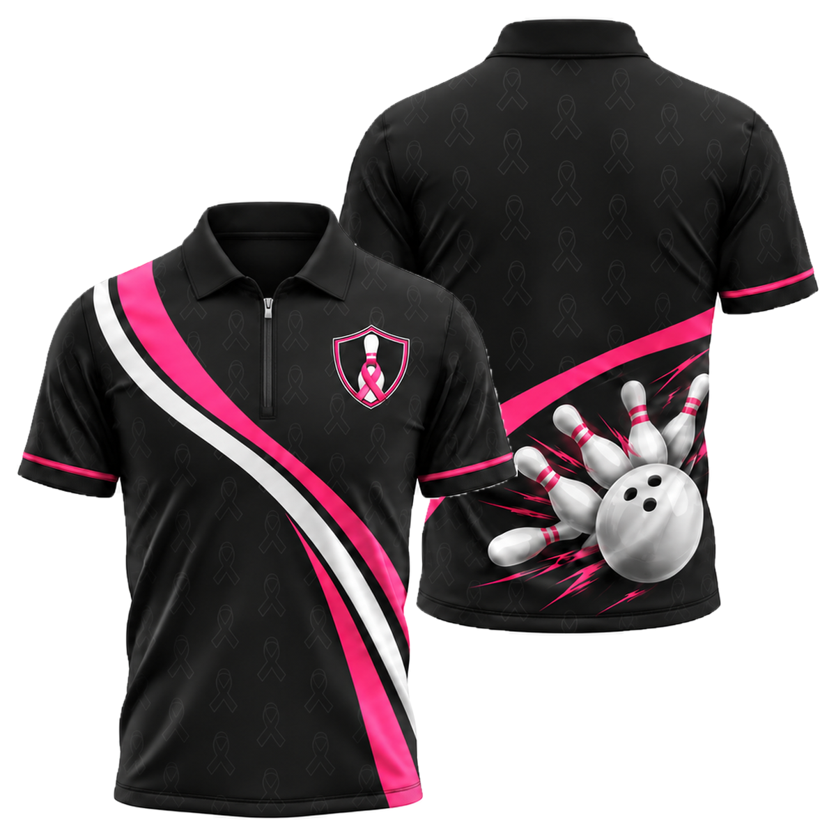 Pink Curve Strike Quarter-Zip Polo in Pink & Black