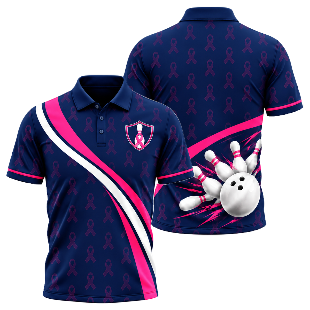Pink Curve Strike Unisex Polo in Pink & Navy