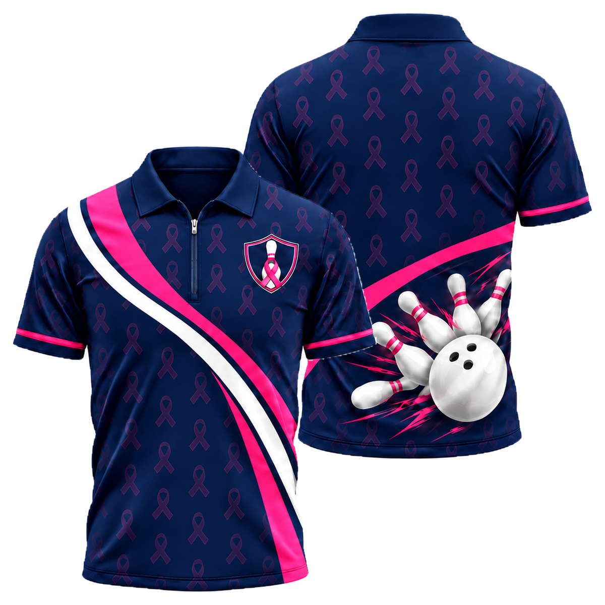 Pink Curve Strike Quarter-Zip Polo in Pink & Navy