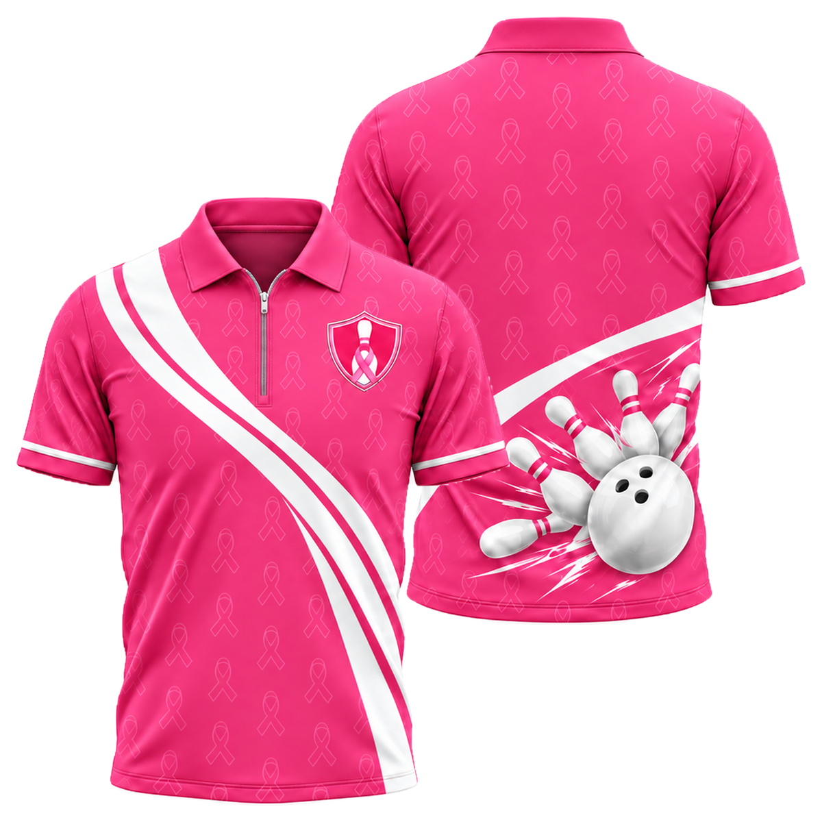 Pink Curve Strike Quarter-Zip Polo in Pink & White