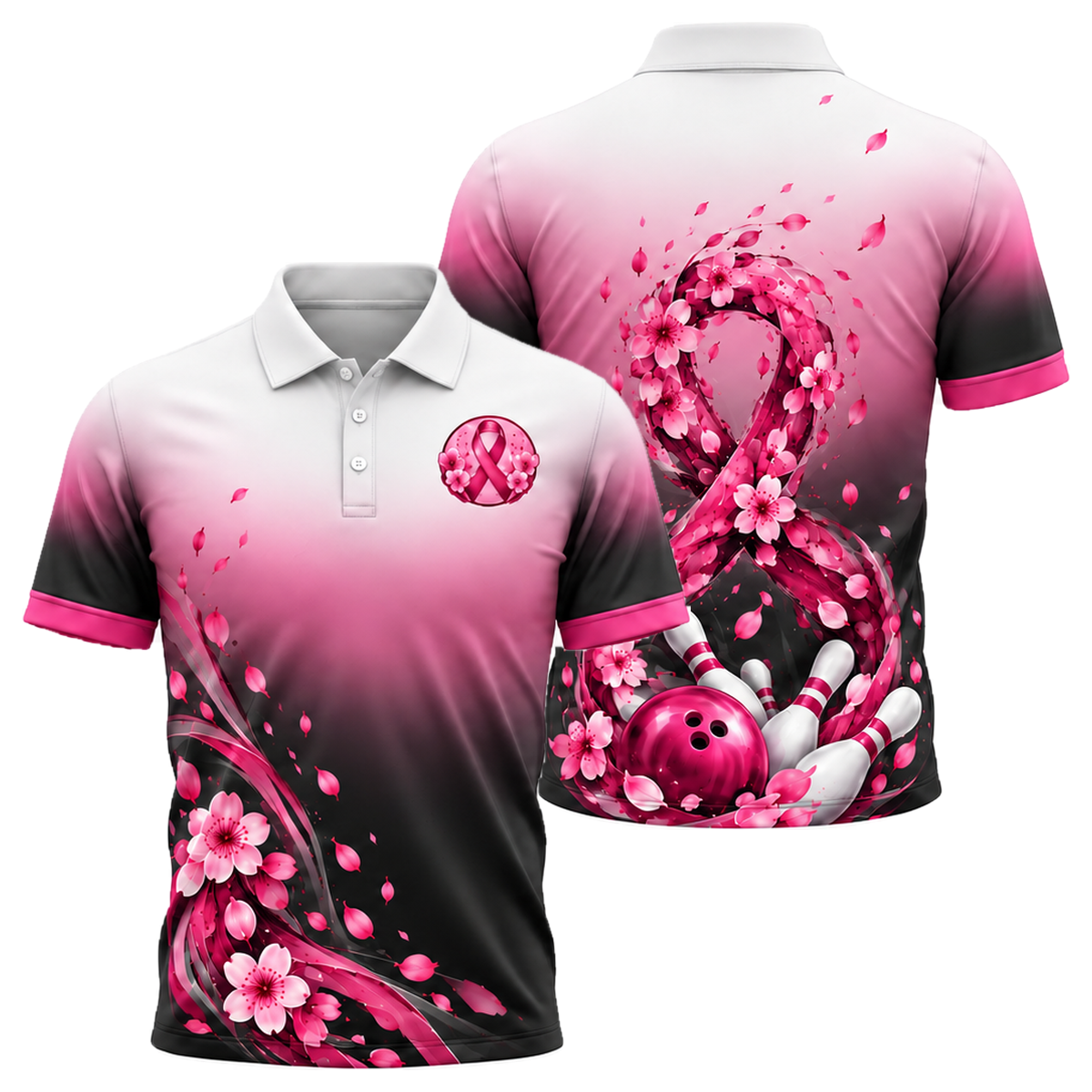 Blossom Ribbon Swirl Unisex Polo in Pink & Black