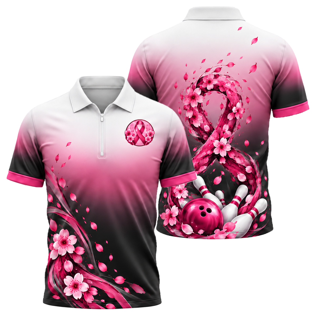 Blossom Ribbon Swirl Quarter-Zip Polo in Pink & Black