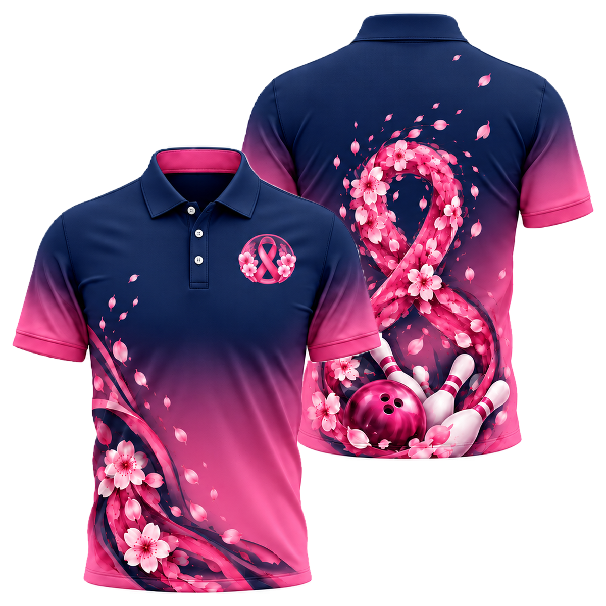 Blossom Ribbon Swirl Unisex Polo in Pink & Navy