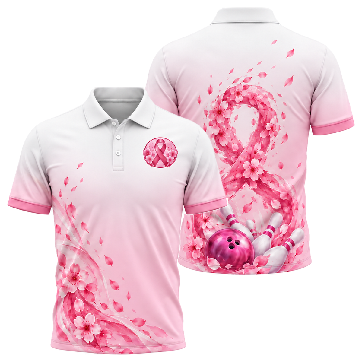 Blossom Ribbon Swirl Unisex Polo in Pink & White