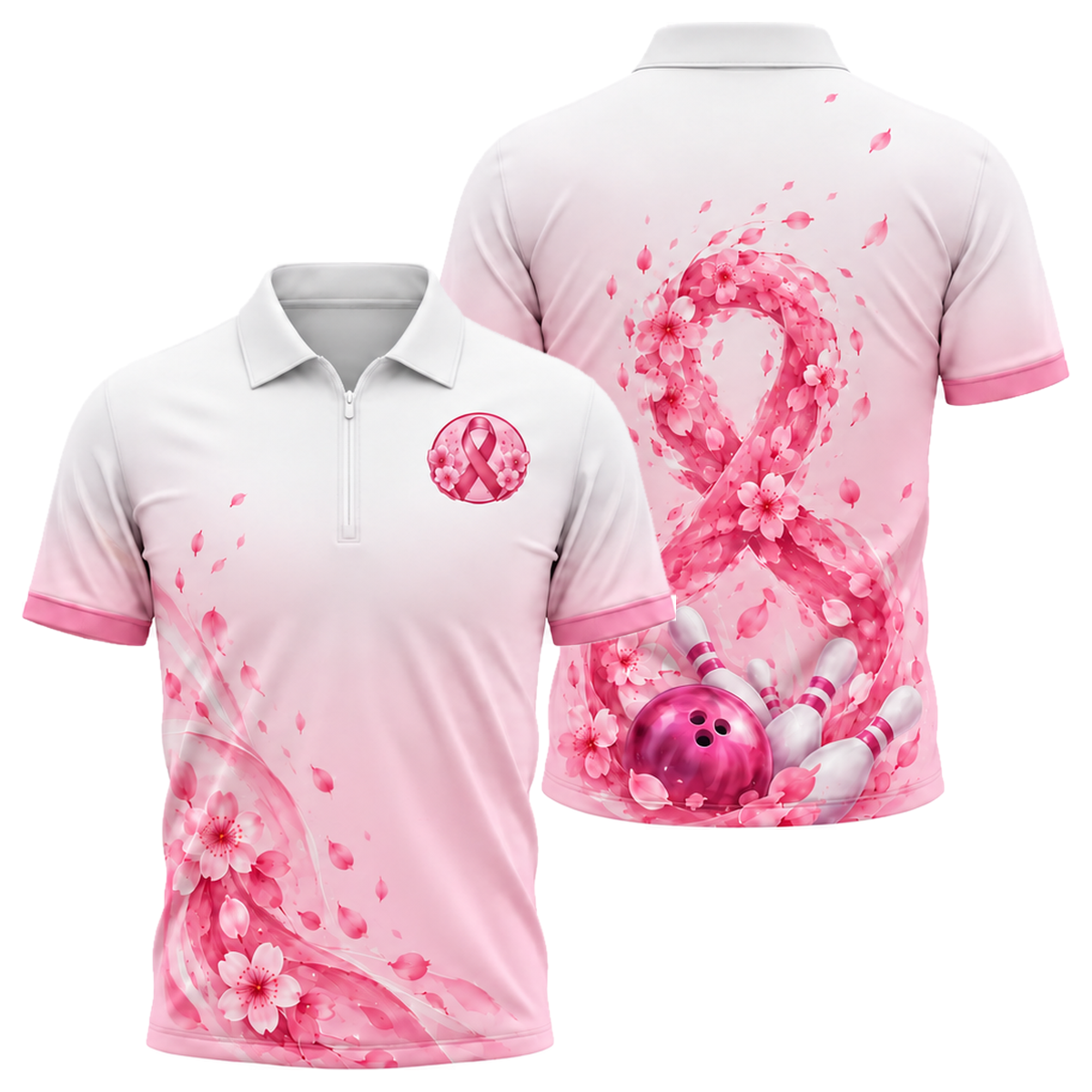 Blossom Ribbon Swirl Quarter-Zip Polo in Pink & White