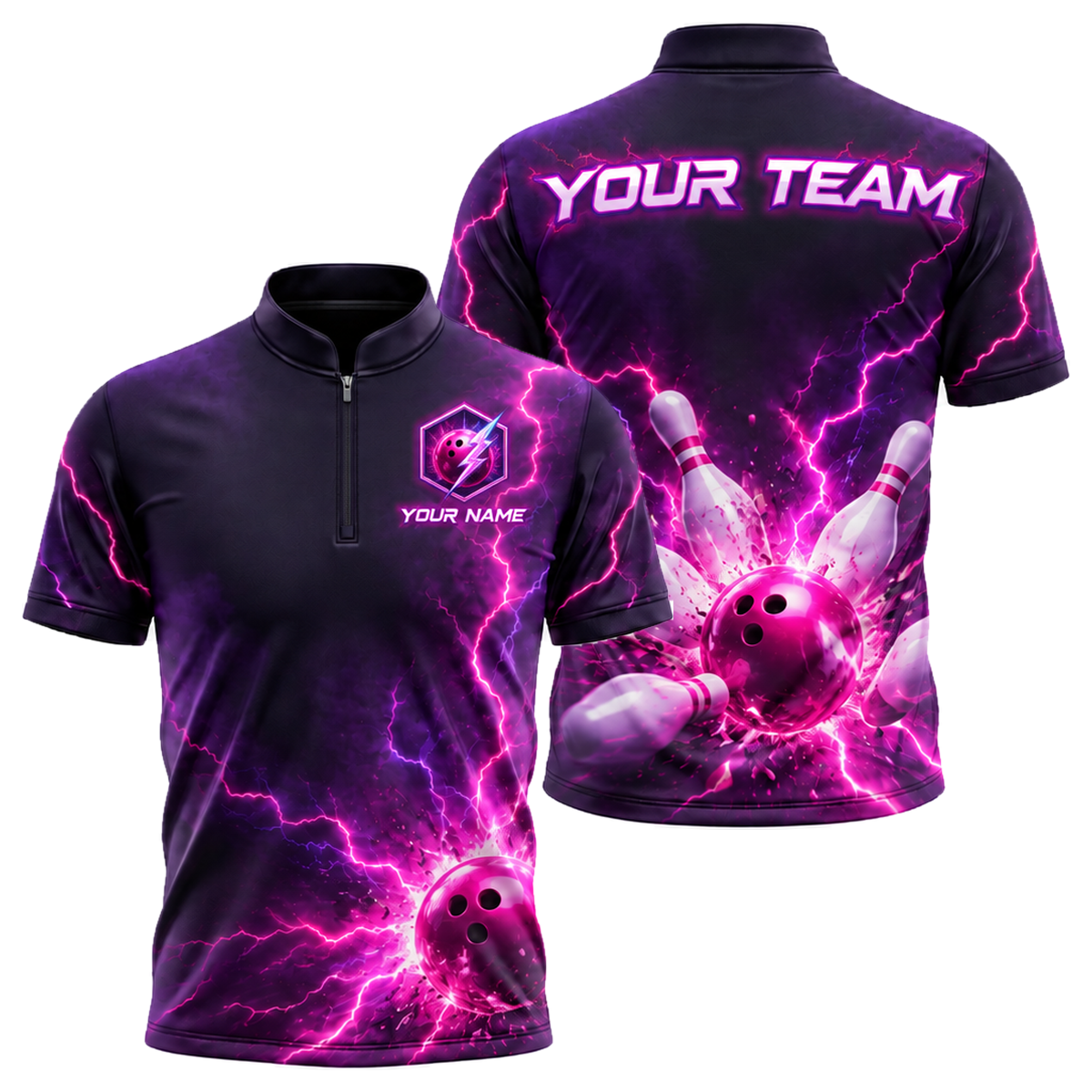 Pink Voltage Strike custom bowling shirt personalized with name and team name