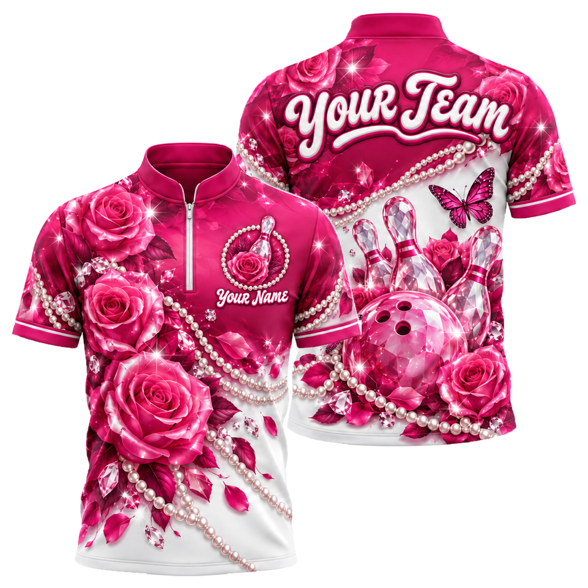 Rose Quartz Lanes custom bowling shirt personalized with name and team name
