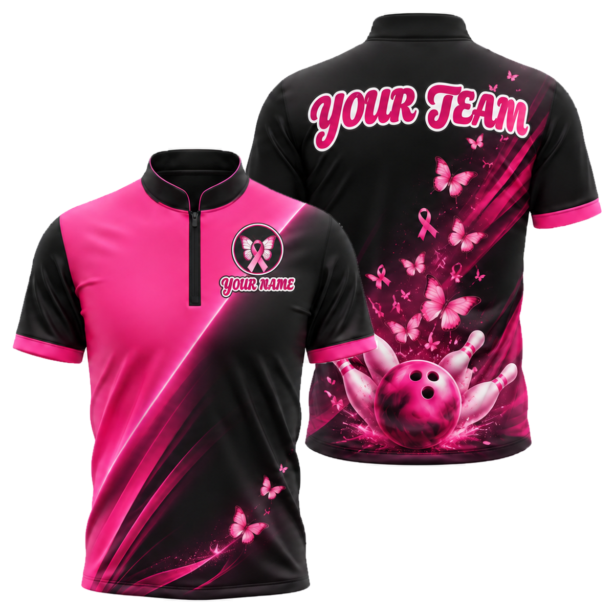 Butterfly Hope Strike custom bowling shirt personalized with name and team name