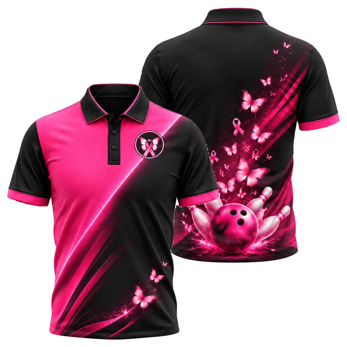 Butterfly Hope Strike Unisex Polo in Pink & Black