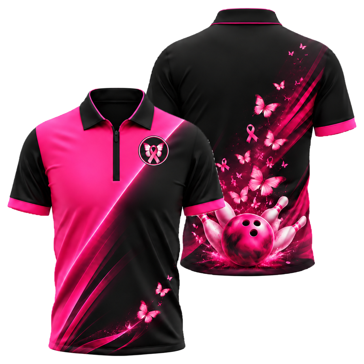 Butterfly Hope Strike Quarter-Zip Polo in Pink & Black