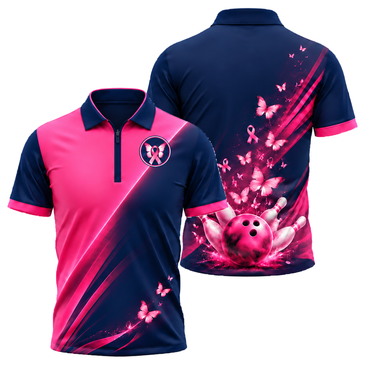 Butterfly Hope Strike Quarter-Zip Polo in Pink & Navy
