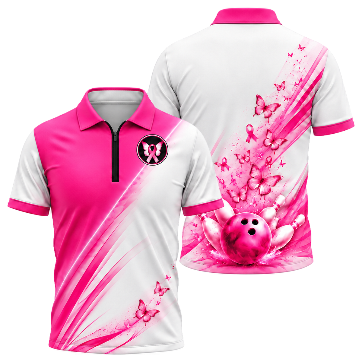 Butterfly Hope Strike Quarter-Zip Polo in Pink & White