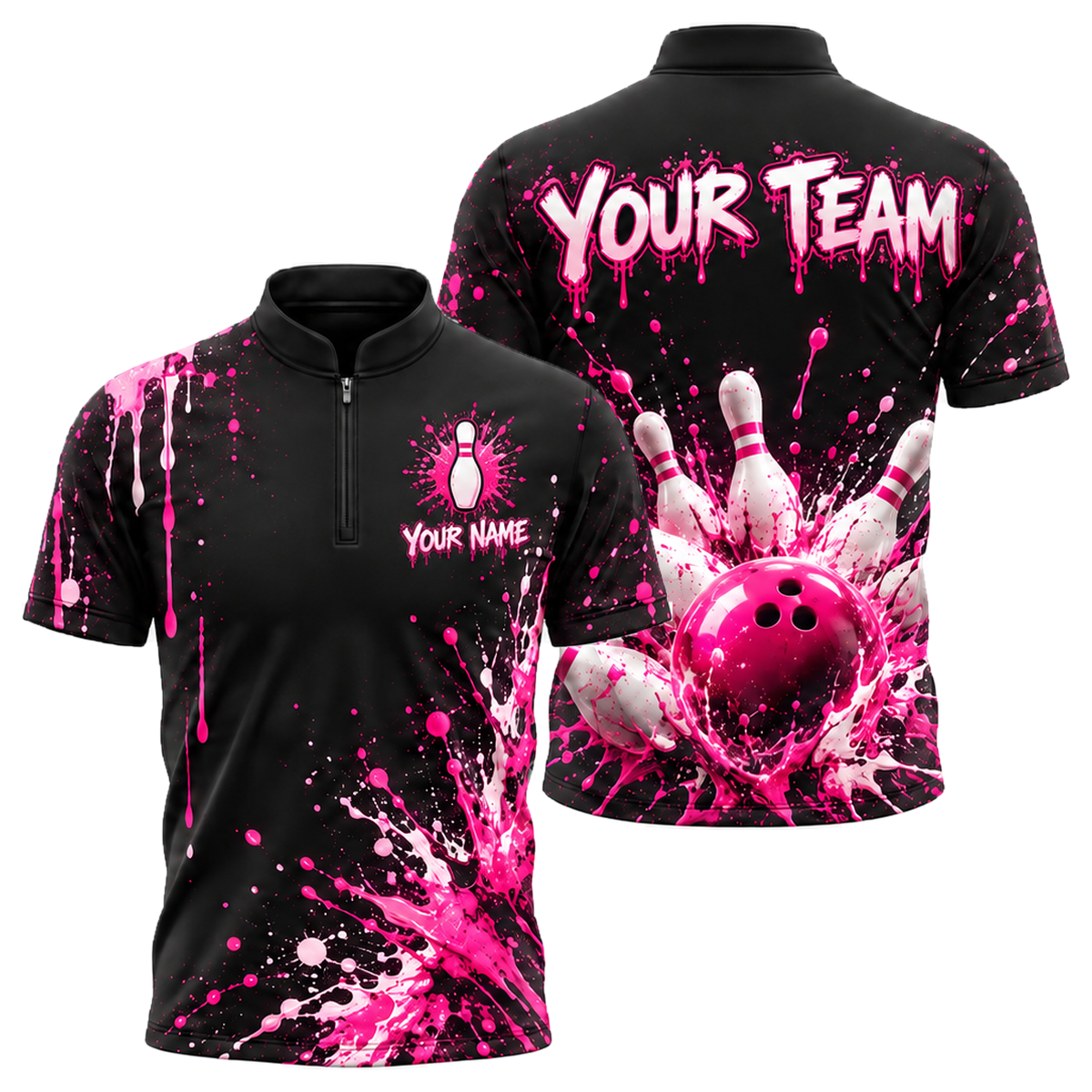 Pink Paint Blast custom bowling shirt personalized with name and team name