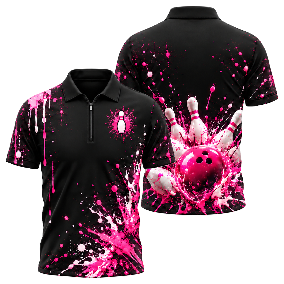 Pink Paint Blast Quarter-Zip Polo in Pink & Black