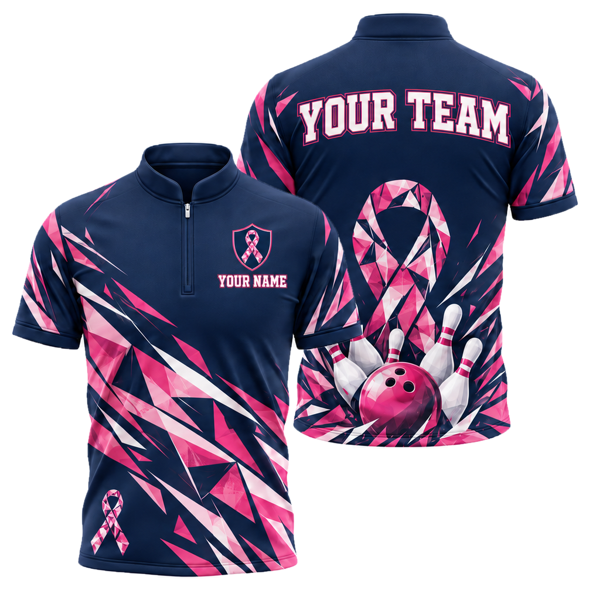 Pink Ribbon Shatter custom bowling shirt personalized with name and team name