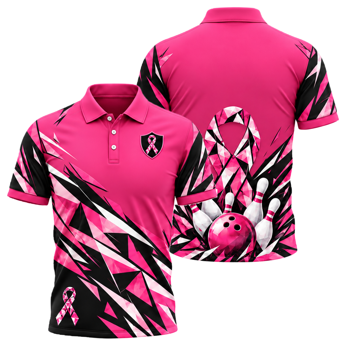 Pink Ribbon Shatter Unisex Polo in Pink & Black