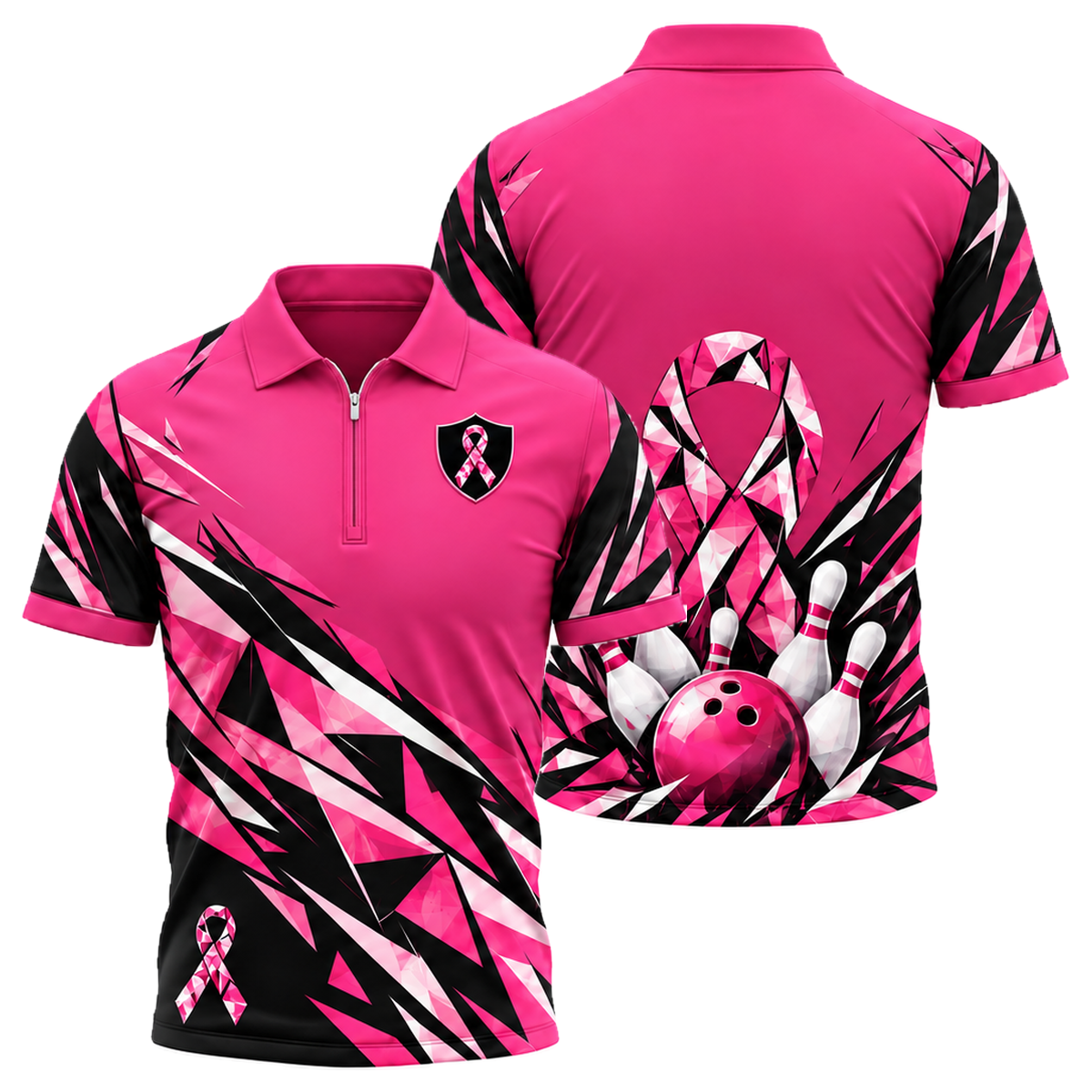 Pink Ribbon Shatter Quarter-Zip Polo in Pink & Black